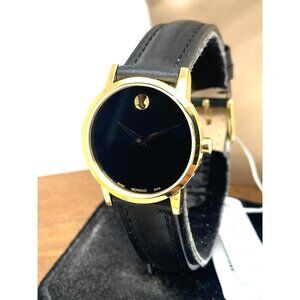 Movado Women's Watch 0607627 Museum Black Dial Swiss Quartz Gold Leather 28mm